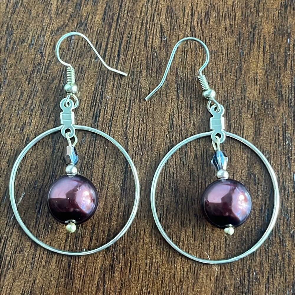 Handmade Hoop Earrings with Chocolate Brown Pearl Bead Modern Boho Chic